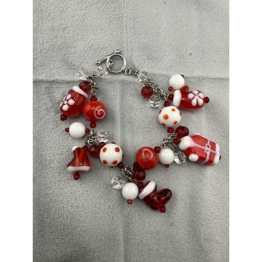 Winter Theme Charm Bracelet Red White Mittens Hat Coat Silver Tone Size 7.5